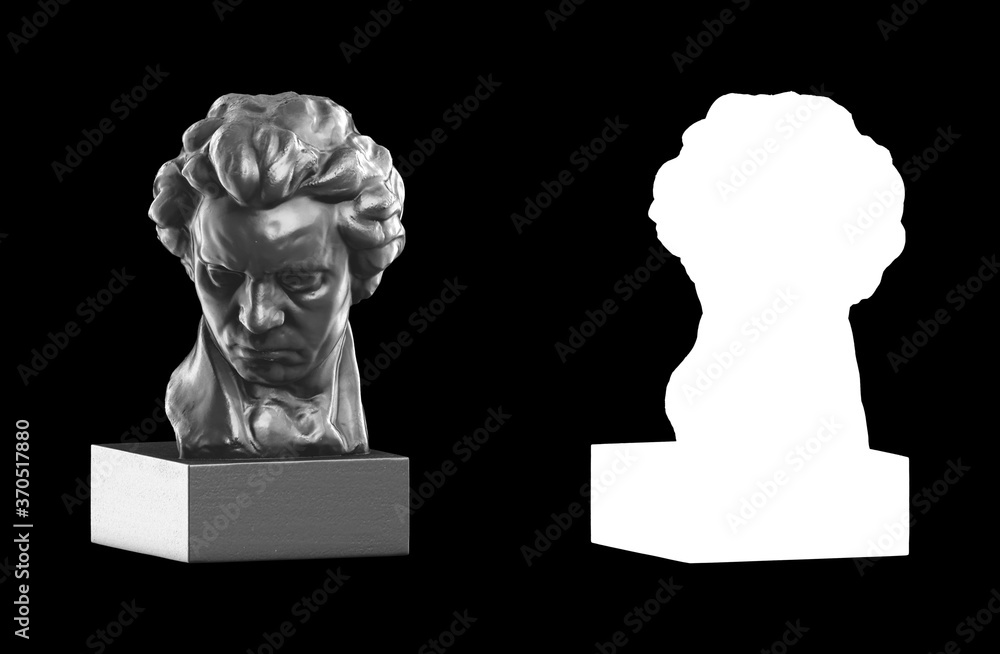 Poster a collection of black metal sculptures on a black background for your design ideas. 3d rendering of 