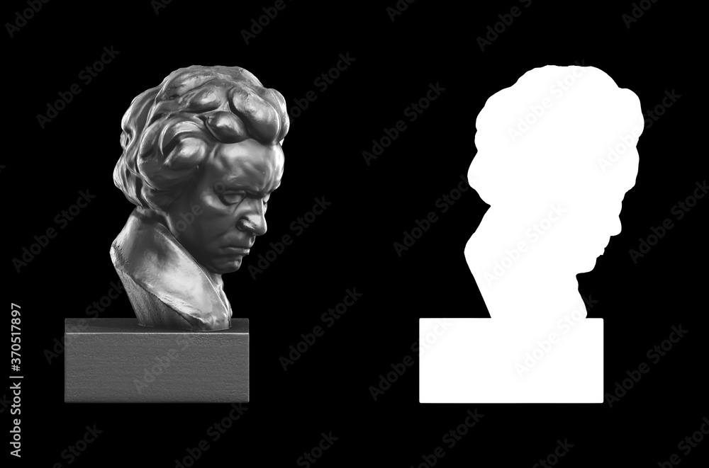 Poster a collection of black metal sculptures on a black background for your design ideas. 3d rendering of 