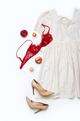 female summer colorful fashion clothes and accessory set, flat lay, beauty and style concept