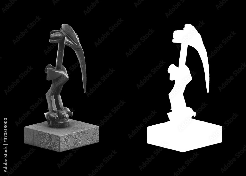 Poster a collection of black metal sculptures on a black background for your design ideas. 3d rendering of 