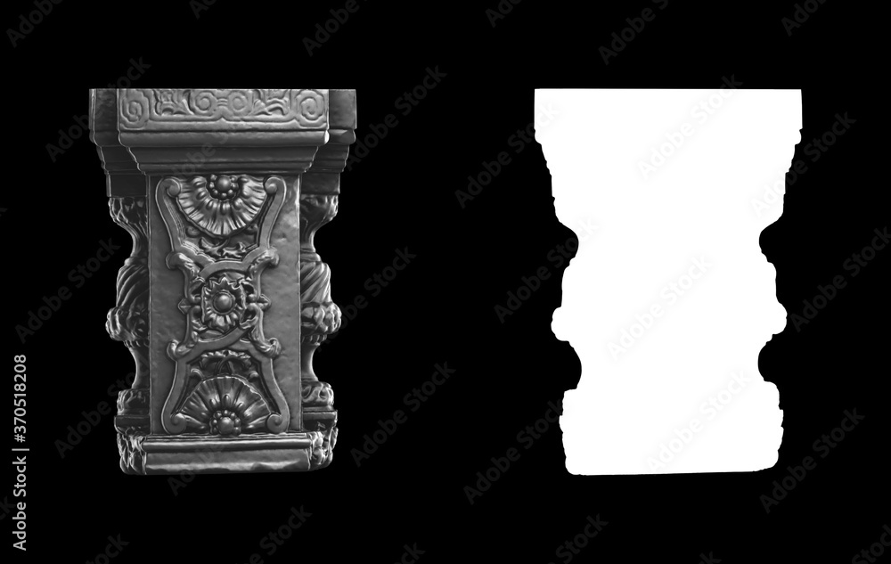 Poster a collection of black metal sculptures on a black background for your design ideas. 3d rendering of 