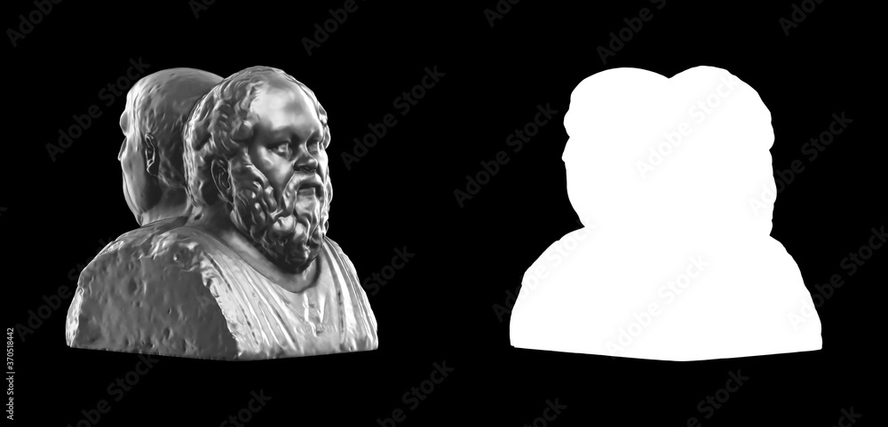 Poster a collection of black metal sculptures on a black background for your design ideas. 3d rendering of 
