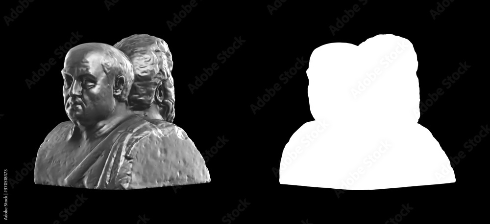 Poster a collection of black metal sculptures on a black background for your design ideas. 3d rendering of 