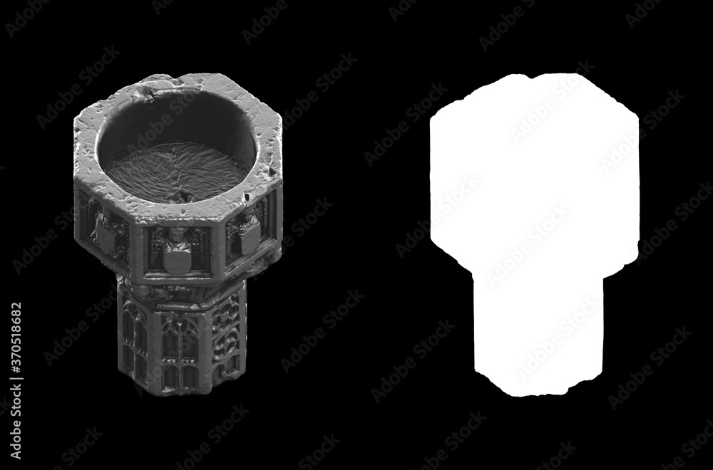 Poster a collection of black metal sculptures on a black background for your design ideas. 3d rendering of 