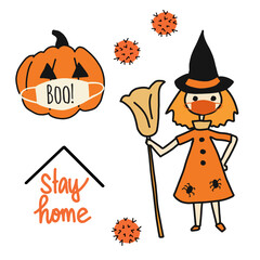 Corona Halloween Vector illustration icon set. Pumpkin, witch wearing face mask. Covid-19 virus clip art isolated. For Halloween 2020 decoration, invitations, greeting cards, face mask