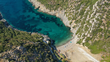 Aerial drone photo of beautiful deep turquoise beach of Gialia in island of Alonissos, Sporades, Greece