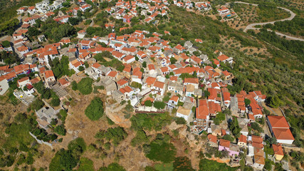 Aerial drone photo of uphill breathtaking main town and castle of Alonissos island with views to...