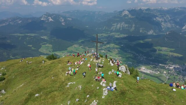 Summit Cross, Mountain Zinken, Ausseerland, Salzkammergut. Lake Grundlsee and Altaussee. Aerial Footage. Incredible view!