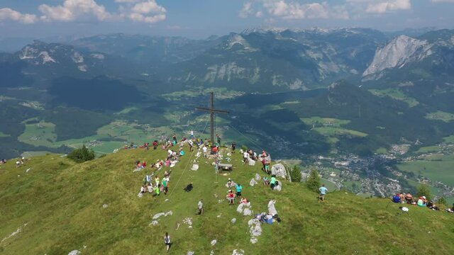 Summit Cross, Mountain Zinken, Ausseerland, Salzkammergut. Lake Grundlsee and Altaussee. Aerial Footage. Incredible view!