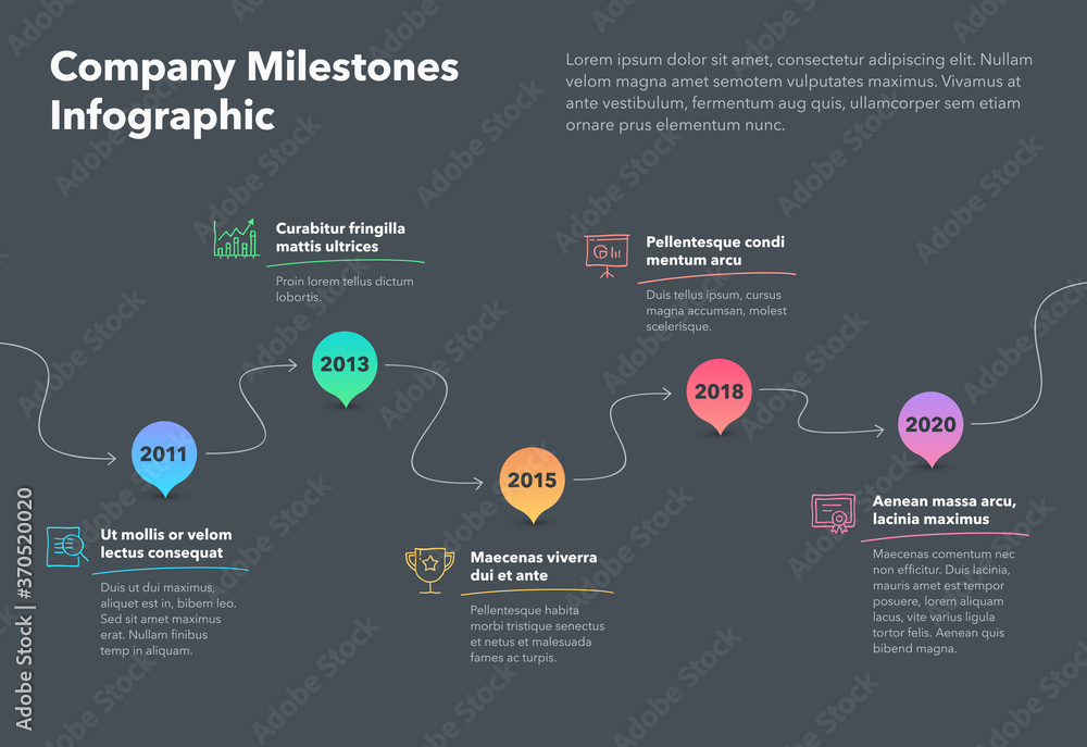 Poster modern company milestones timeline template with hand drawn icons and arrows - dark version. easy to