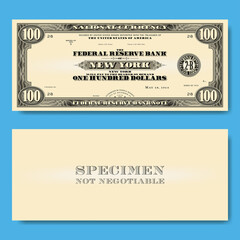 Paper money. 1915 US 100 dollars Test single sided banknote sealed by the Reserve Bank of New York, without portrait of Franklin EPS10