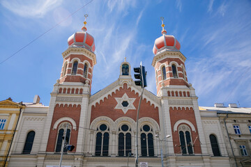 The Great Synagogue in Plzen, the second largest synagogue in Europe. Front side facade of the Jewish religious building with onion domes, Pilsen, Western Bohemia, Czech Republic