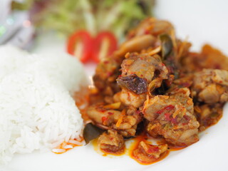Rice and hot sour, Spicy Chicken curry on white plate