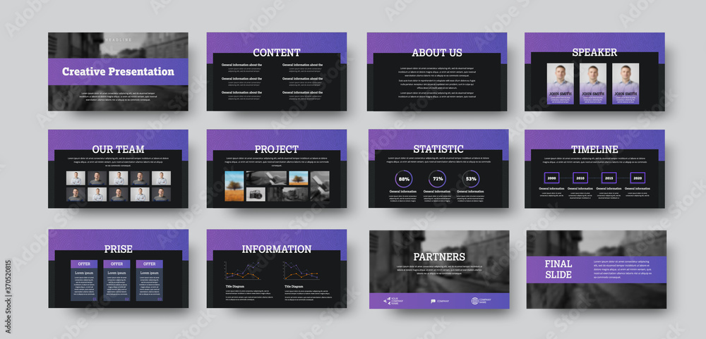 Poster vector infographic template with purple elements on black background, creative presentation ui desig