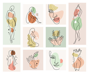Abstracte vrouw vector achtergrond instellen in continue lijntekeningen. Modekaarten met vrouwelijke gezichten, handen, houdingen, kleurtextuurvormelementen in moderne eenvoudige lineaire stijl. Schoonheid meisje lay-out