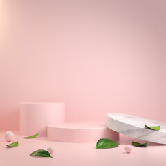 Fototapeta na wymiar Abstract Minimal Modern Pink Podium And Leaves On Floor Background 3d Render