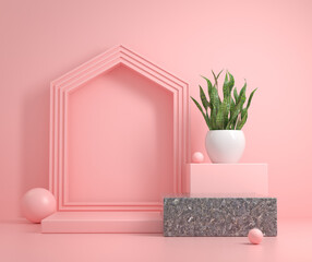 Abstract Mockup Podium Soft Pink Color Concept With House Symbol Shape And Snake Plant Background 3d Render