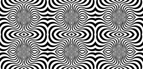 Movement illusion background. Distorted wave monochrome texture. Abstract dynamical rippled surface. Vector stripe deformation background. Black and white illustration. Abstract striped lines distorti