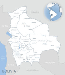 Blue-gray detailed map of Bolivia administrative divisions and location on the globe. Vector illustration