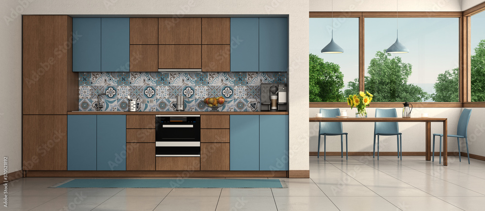 Wall mural Modern blue and wooden kitchen