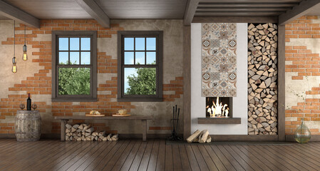 Rustic style room with old fireplace