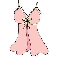 set of female sexy underwear - negligee, peignoir, pink vector elements in doodle style with black outline