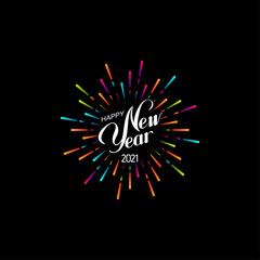 Happy 2021 New Year. Holiday Vector Illustration With Lettering Composition And Bursting Fireworks shape.