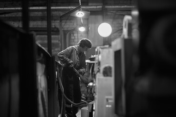 Silhouette of a working miner in a mine