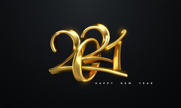 Happy New 2021 Year. Holiday vector illustration of golden metallic calligraphic numbers 2021. Realistic 3d sign. Festive poster or banner design. Modern lettering composition