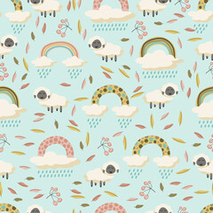 Seamless pattern with leaves, rainbow, sheep, clouds, rain and berries. Autumn. Fall. Сhildren's style. Kid's style.