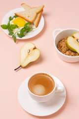 healthy breakfast of coffee and scrambled eggs.