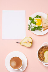 healthy breakfast and a sheet of white paper.