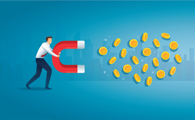 man holding magnet. attracting money concept. vector illustration