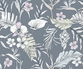Seamless pattern with tropical plants and flowers. Exotic pastel pattern