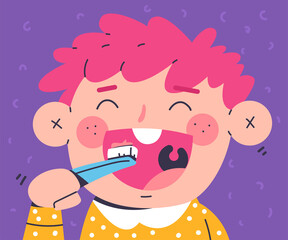 Boy brushing teeth vector cartoon illustration isolated on background.
