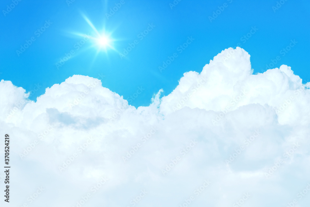 Sticker typical blue sky with sun and clouds background