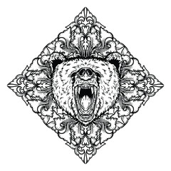 tattoo and t-shirt design black and white hand drawn  bear head engraving ornament premium vector