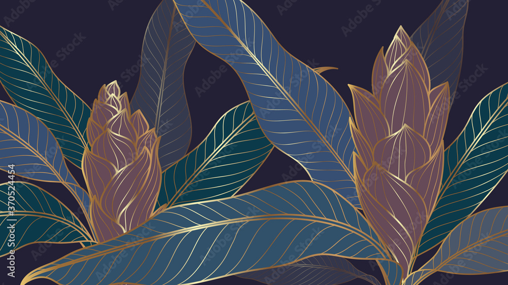 Wall mural luxury tropical leaf, floral and nature line art ink drawing background vector. leaves and floral pa