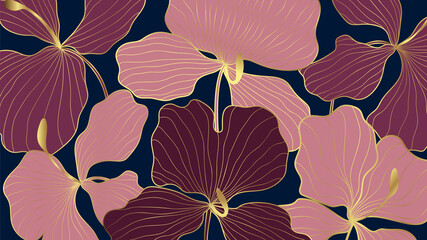 Luxury elegant gold orchids floral line arts pattern and black background. Topical flower wallpaper design, Fabric, surface design. Vector illustration. © TWINS DESIGN STUDIO