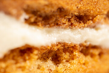 Detailed closeup macro photo of Ginger Kisses, a sponge cake filled with cream.