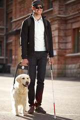 eyeless guy with guide-dog walking, crossing city ctreets. man always with friendly dog, smart...