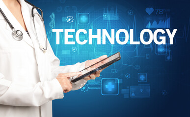 young doctor writing down notes with TECHNOLOGY inscription, healthcare concept