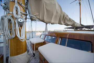 Deck of a classic wooden sailing yacht. Netherlands
