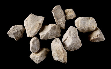 White rocks, decorative stone pile isolated on black background and texture, clipping path, top view