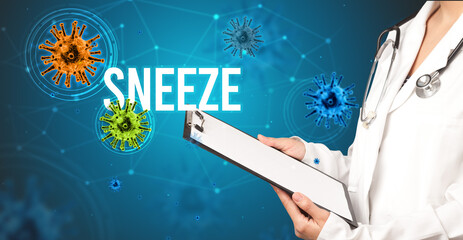 doctor prescribes a prescription with SNEEZE inscription, pandemic concept