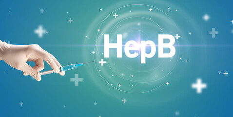 Syringe needle with virus vaccine and HepB abbreviation, antidote concept