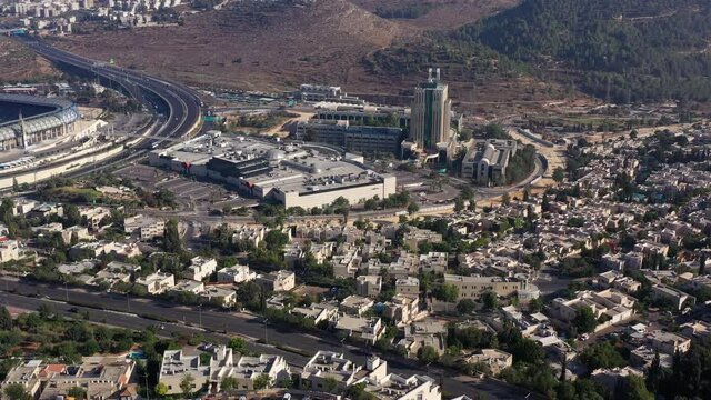 Teddy and Arena Stadium, Malha and Tech Garden, Aerial
Malha neighbourhood and Arena Basketball Stadium, Begin road,South West Jerusalem, Israel
