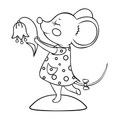 Cute mouse in a dress dancing with a flower.