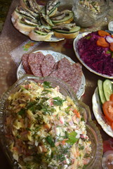 holiday table, dishes and food