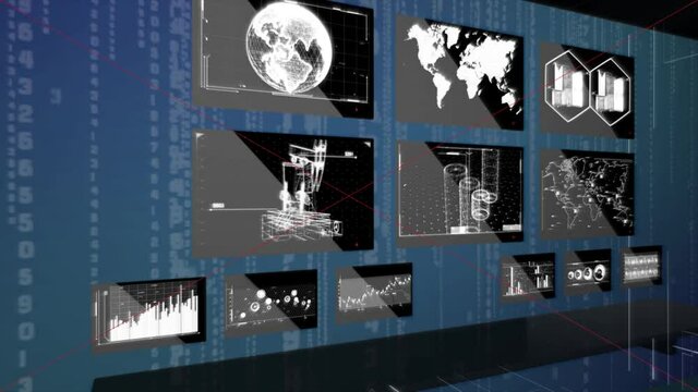 3D Network operating system room with graphs and charts on monitor screens in 4K 